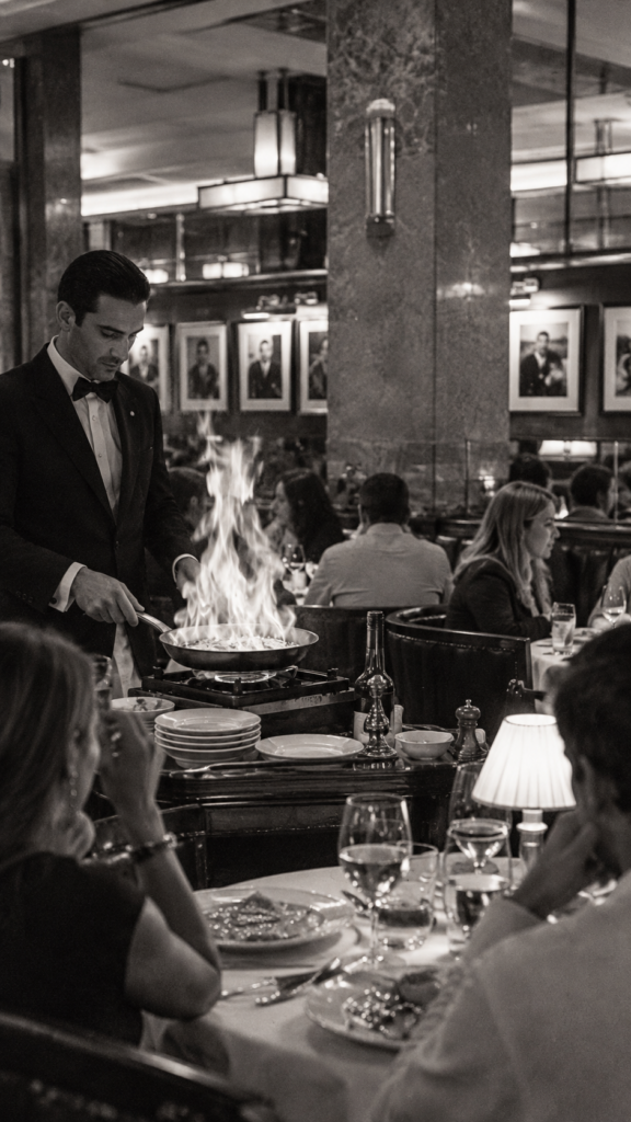 Service au guéridon et art de la table dans un restaurant ; titre : Le retour du rituel et de l’art de la table au restaurant ; légende éventuelle : Découpe, flambage, service au guéridon : certains gestes historiques de la restauration retrouvent aujourd’hui une nouvelle pertinence.