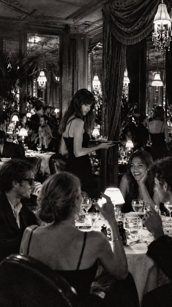 Salle d’un restaurant ou club parisien fréquenté, tables et clients sous un lustre, illustration de la culture du « voir et être vu ».